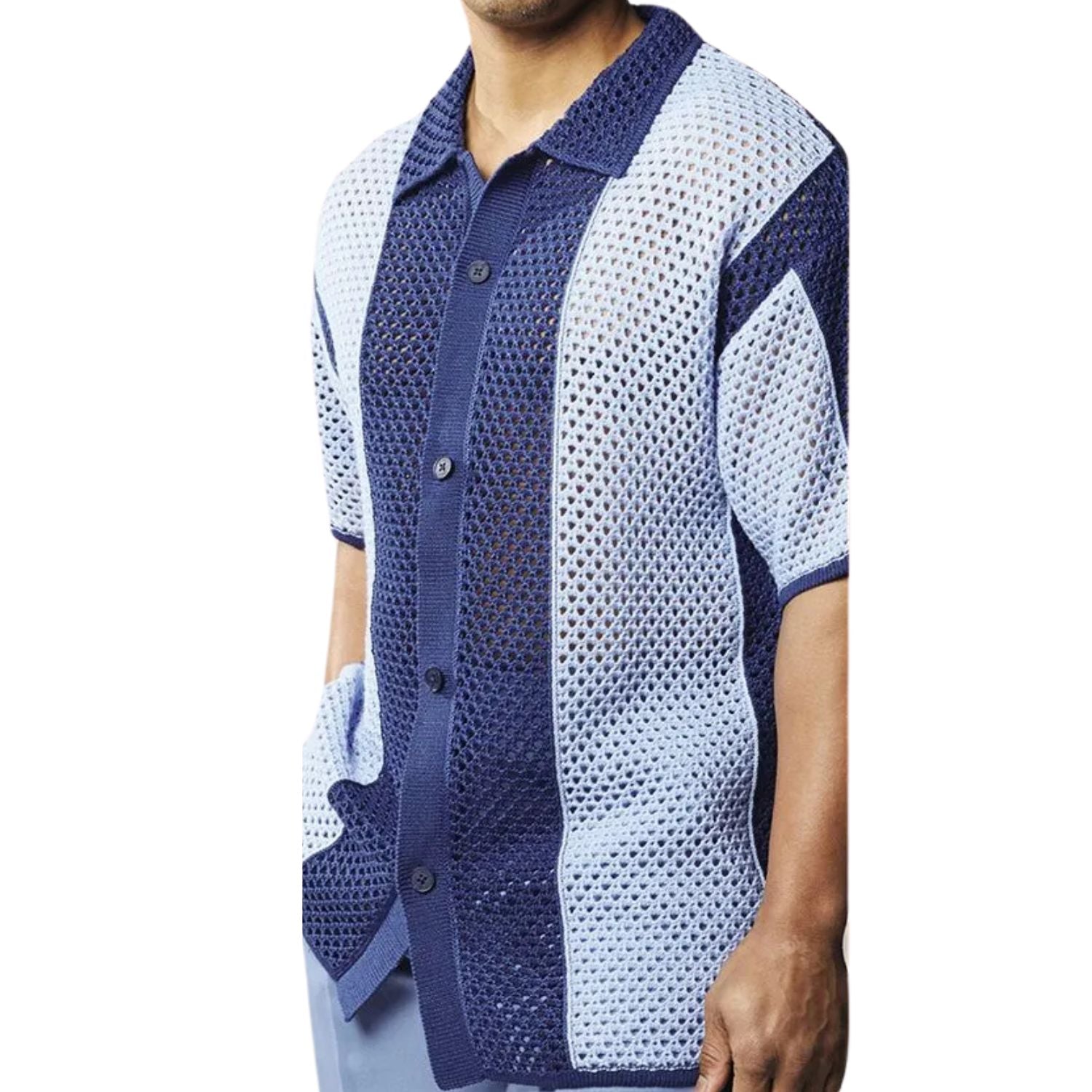 close up of navy and sky blue crochet knit shirt texture and button front