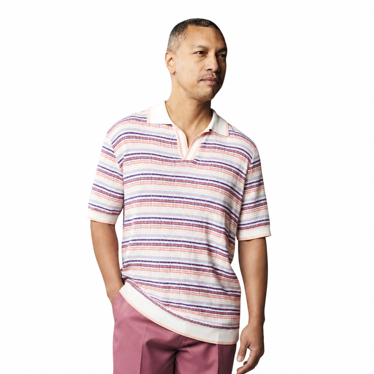 Men's white Stacy Adams striped dyed knit pullover shirt