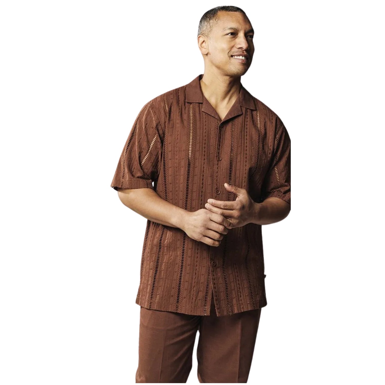 Brown Linen Jacquard Short Sleeve 2-Piece Walking Suit by Stacy