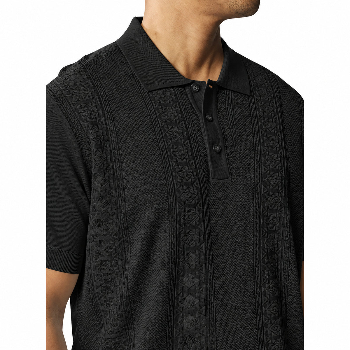 Black Stacy Adams men’s short sleeve polo shirt with vertical Chelli knit pattern, textured front panels and button placket.