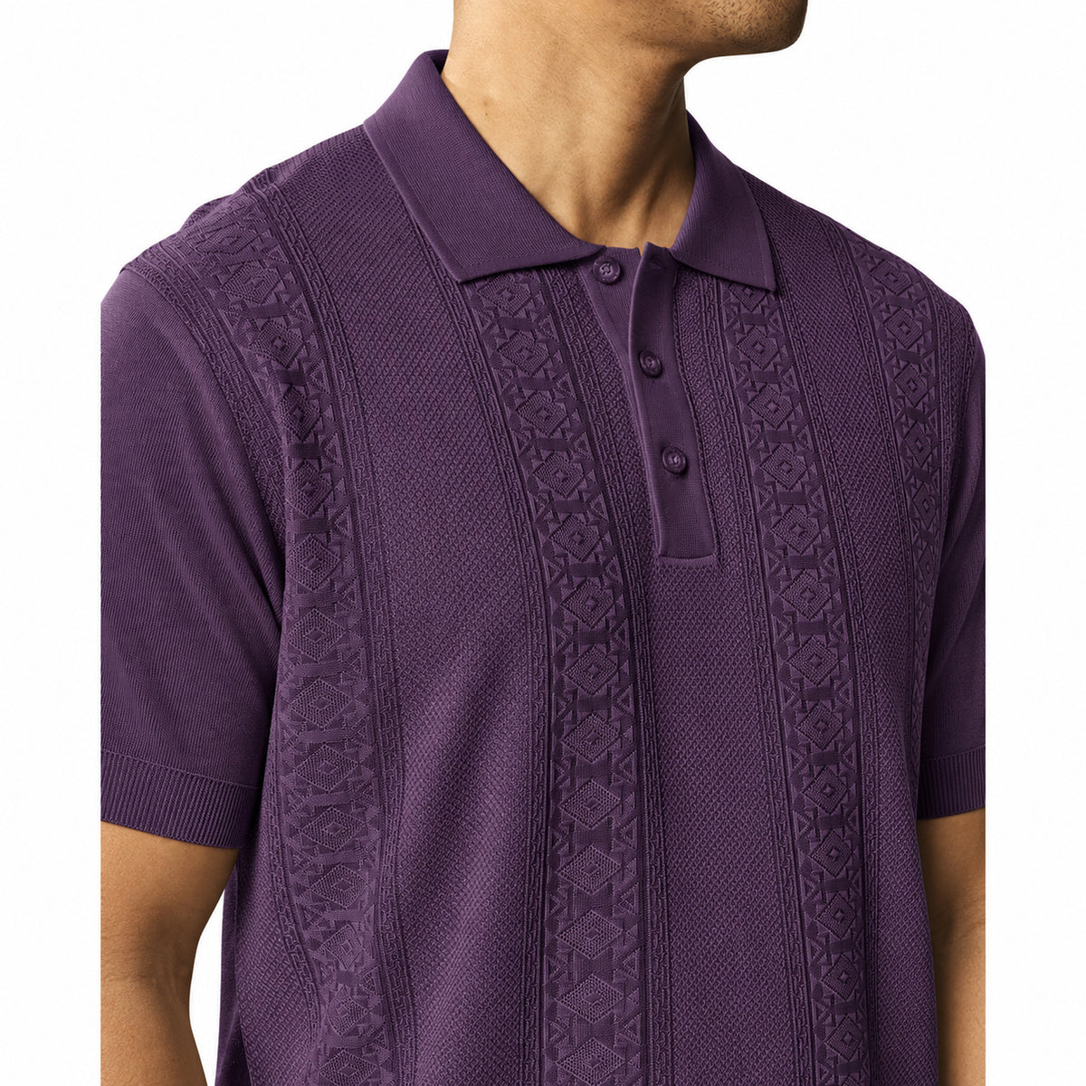 purple Stacy Adams men’s short sleeve polo shirt with vertical Chelli knit pattern, textured front panels and button placket.