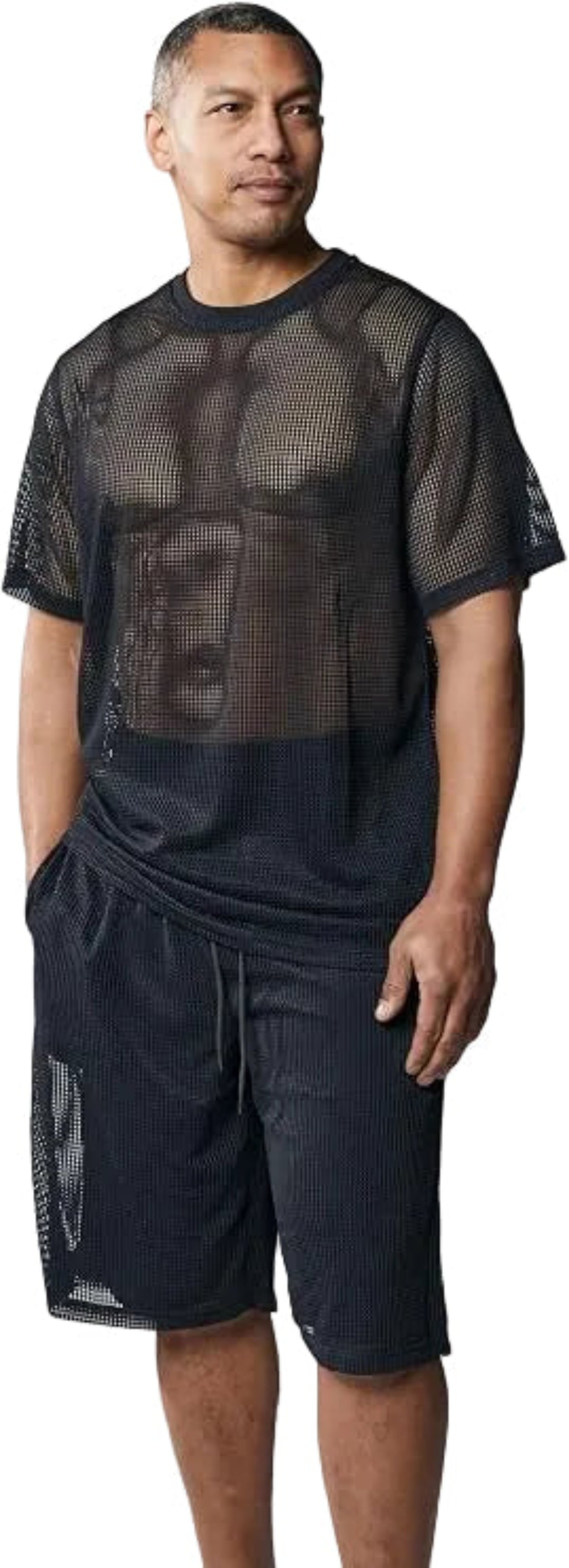 black 2-piece fishnet short sleeve crewneck top and shorts set by Stacy Adams front view