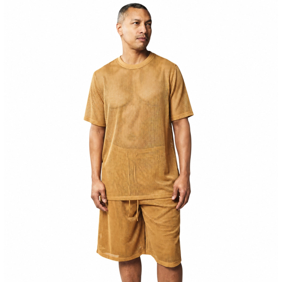 tan 2-piece fishnet short sleeve crewneck top and shorts set by Stacy Adams front view