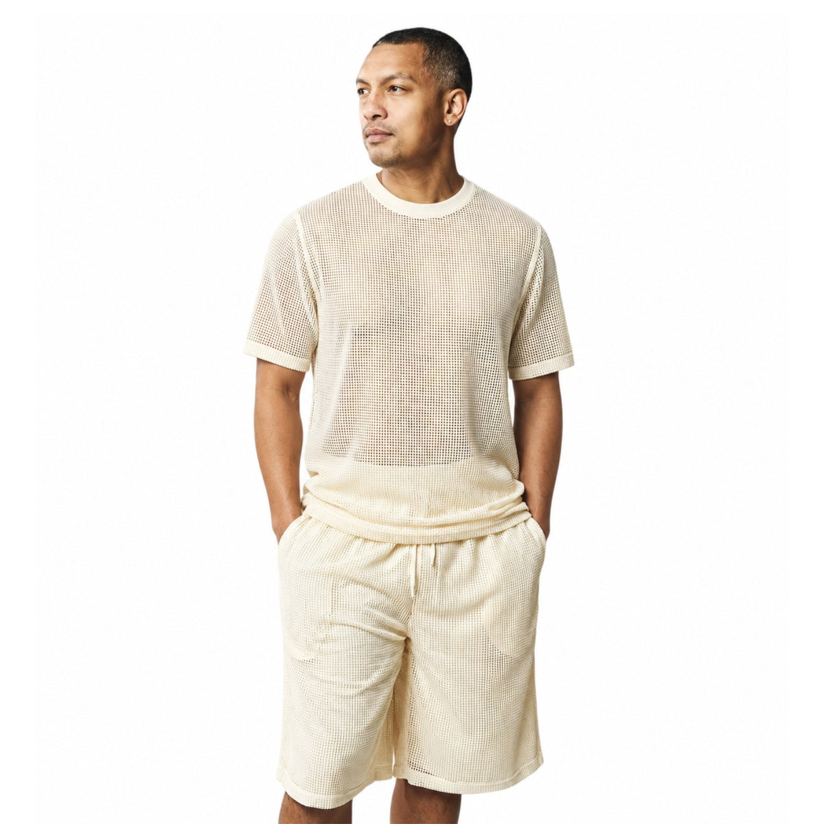 vanilla 2-piece fishnet short sleeve crewneck top and shorts set by Stacy Adams front view