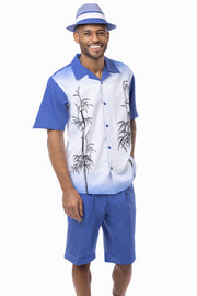 Royal Tropical Print 2-Piece Short Sleeve Walking Suit Shorts Set