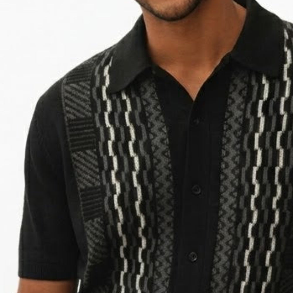 black short sleeve walking suit shirt with textured geometric front detail