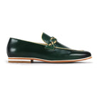 green moc toe leather slip-on shoe with woven strap side view