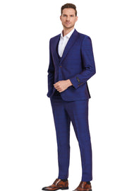 Poseidon Collection: 3-Piece Slim Fit Windowpane Suit For Men In Admiral Blue