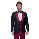 ChicChato Collection: Black Tuxedo with Burgundy Peak Lapel and Accents - Modern Fit