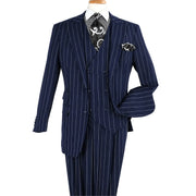 Navy Blue Pinstripe 3 Piece Suit Double Breasted Vest Classic Fit