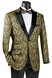 Luxnova Collection: Gold Jacquard Print Shawl Lapel Blazer – Regular Fit