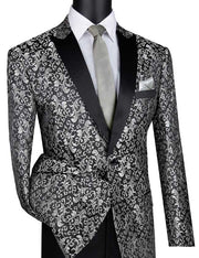 Luxnova Collection: Silver Jacquard Print Shawl Lapel Blazer – Regular Fit