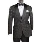 Men's black floral jacquard dinner jacket with black satin shawl lapel and matching bow tie