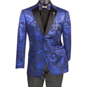 Orionis Collection: Blue Paisley Embossed Satin Peak Lapel Velvet Blazer – Modern Fit