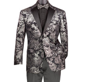 Orionis Collection: Silver Paisley Embossed Satin Peak Lapel Velvet Blazer – Modern Fit