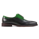 Side profile of emerald green and black leather lace-up derby shoe