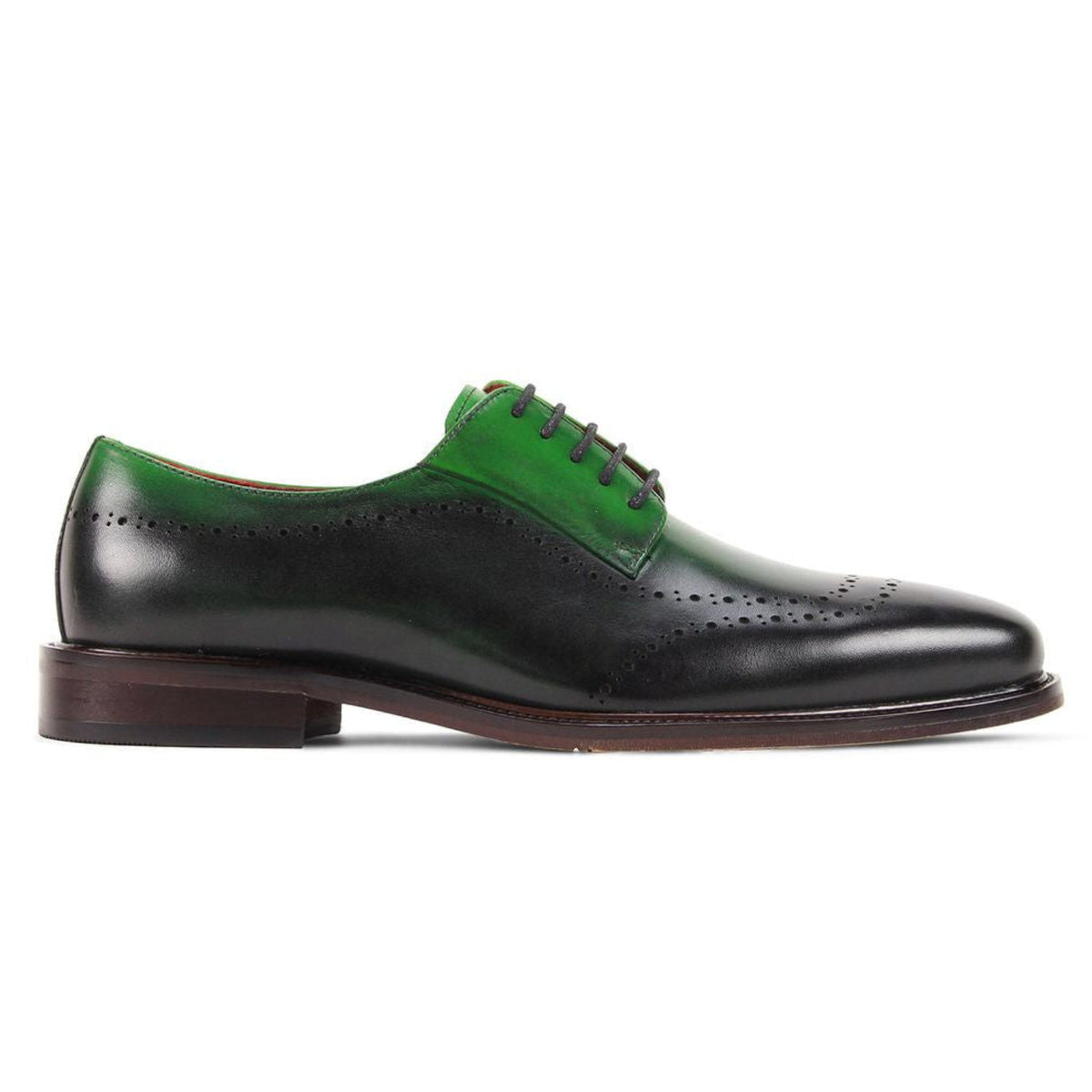 Side profile of emerald green and black leather lace-up derby shoe