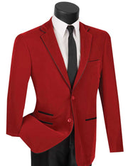 Velourfy Collection: Red Velvet with Faux Leather Trim Single Breasted Slim Fit Blazer