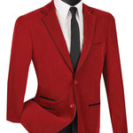 Velourfy Collection: Red Velvet with Faux Leather Trim Single Breasted Slim Fit Blazer