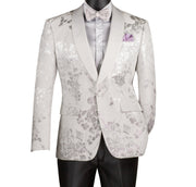 Maia Collection: White Floral Jacquard Slim Fit Blazer
