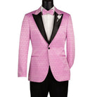 Men's lilac fancy jacquard slim fit dinner jacket with black satin shawl lapel and matching bow tie