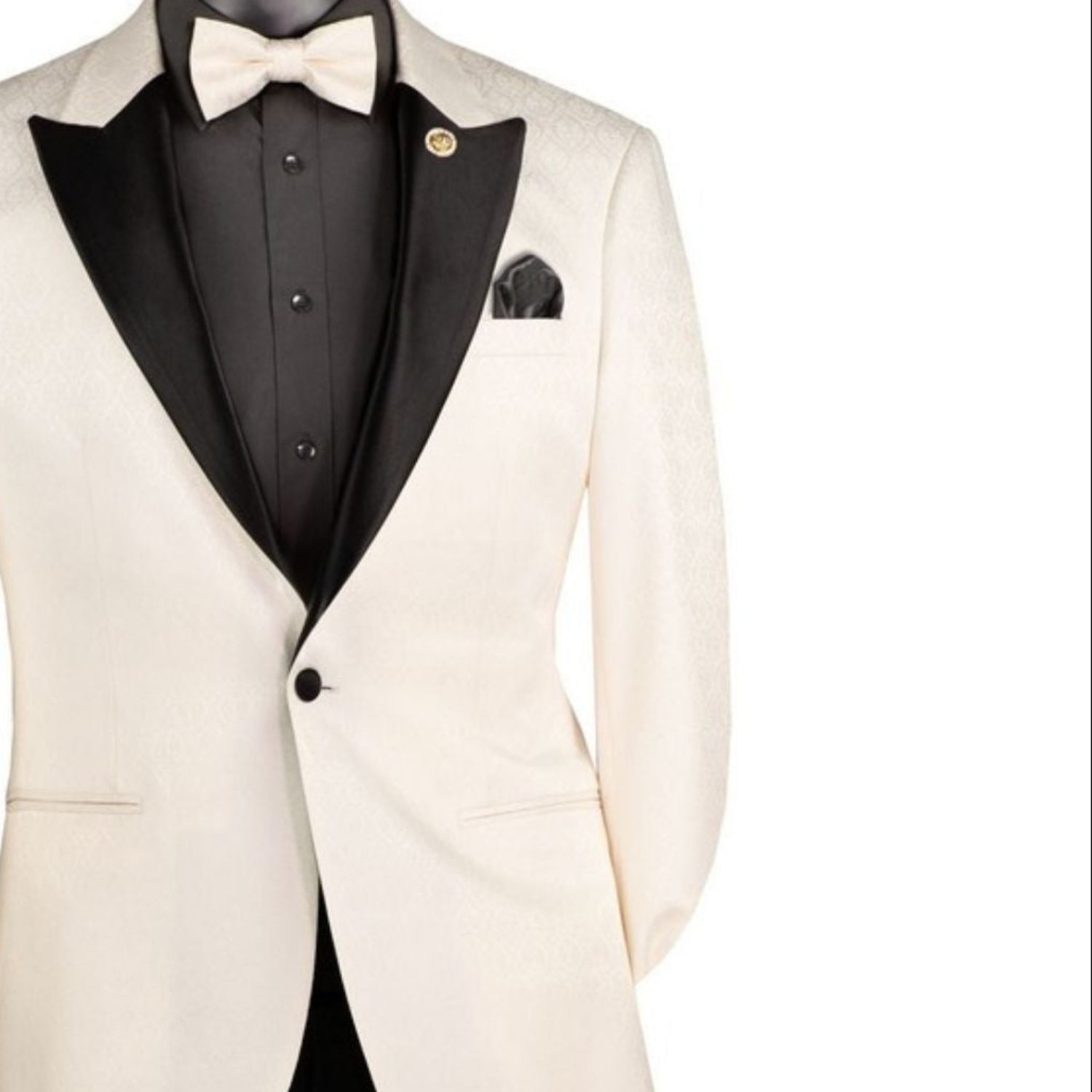 Close-up detail of off white textured jacquard fabric and black satin shawl lapel