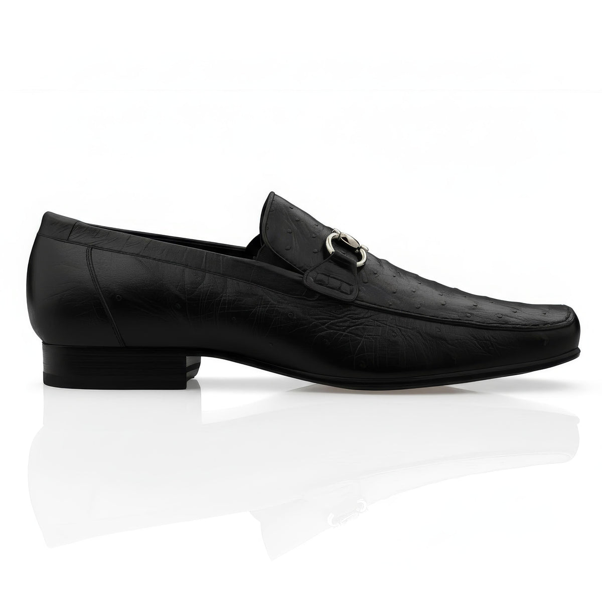 Side profile of black Belvedere Bartolo loafer with a low heel