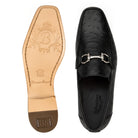Top and leather outsole views of black ostrich quill Bartolo loafer