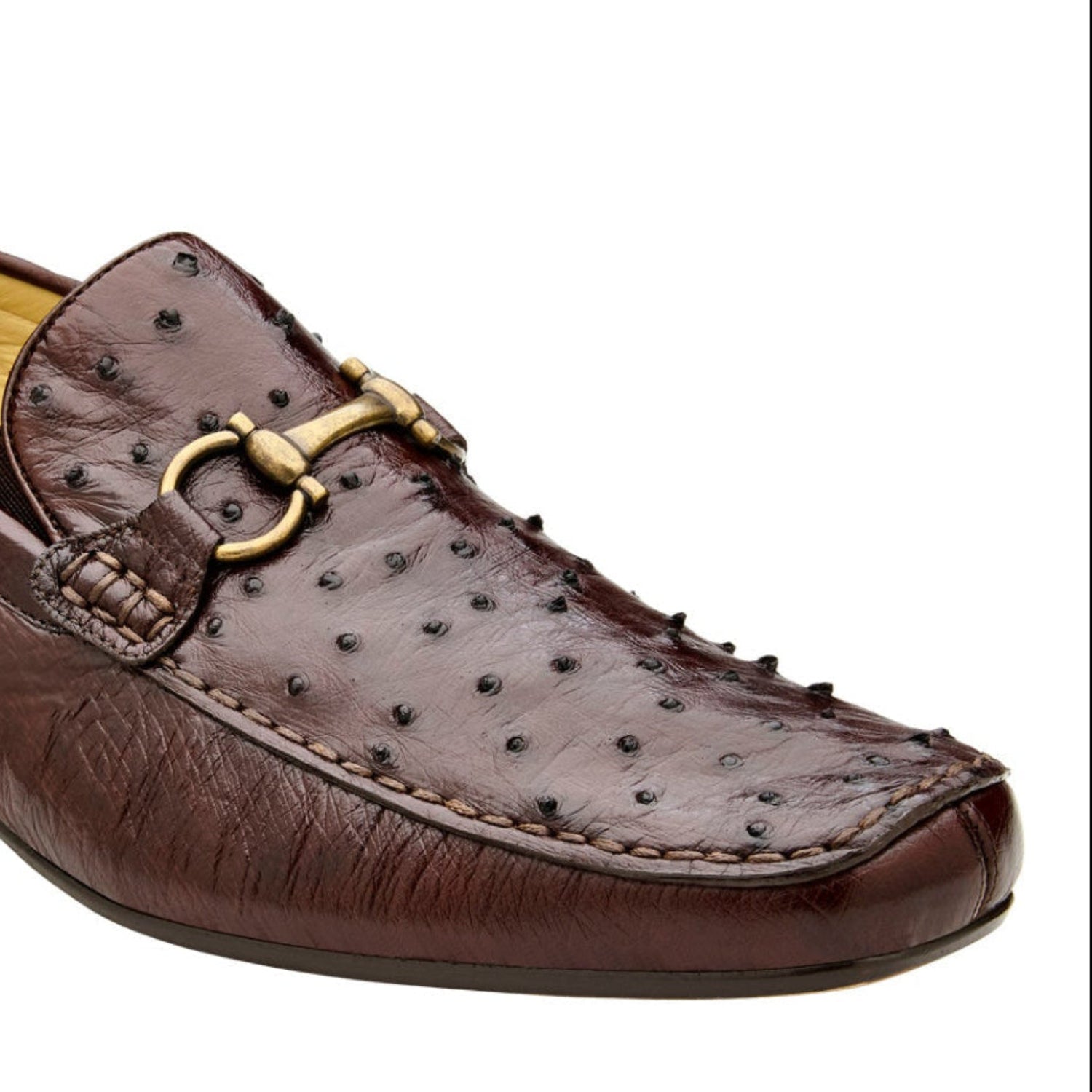 brown ostrich leather bit loafer with metal bit detail
