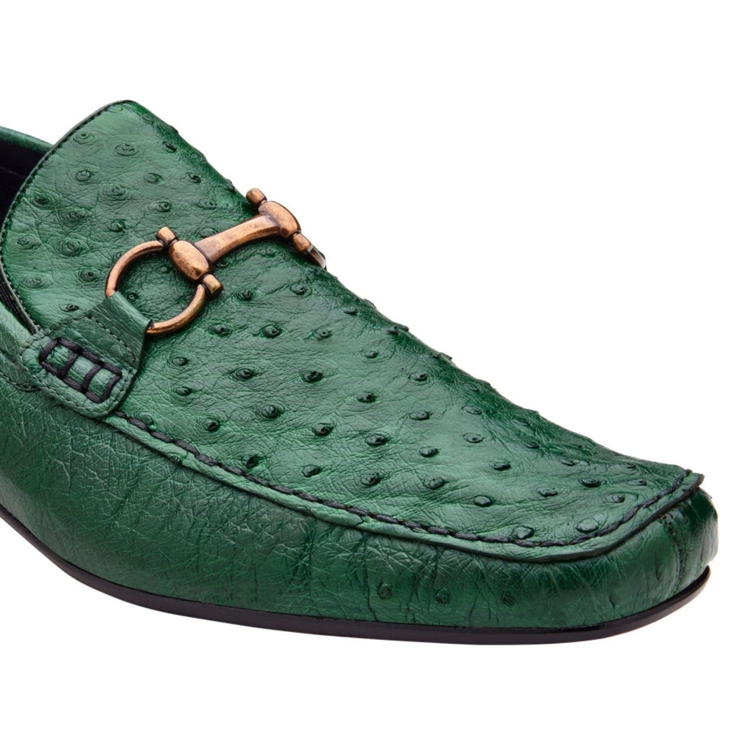 forest green ostrich leather bit loafer with metal bit detail