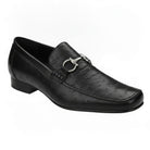 Angled view of black ostrich quill bit loafer by Belvedere