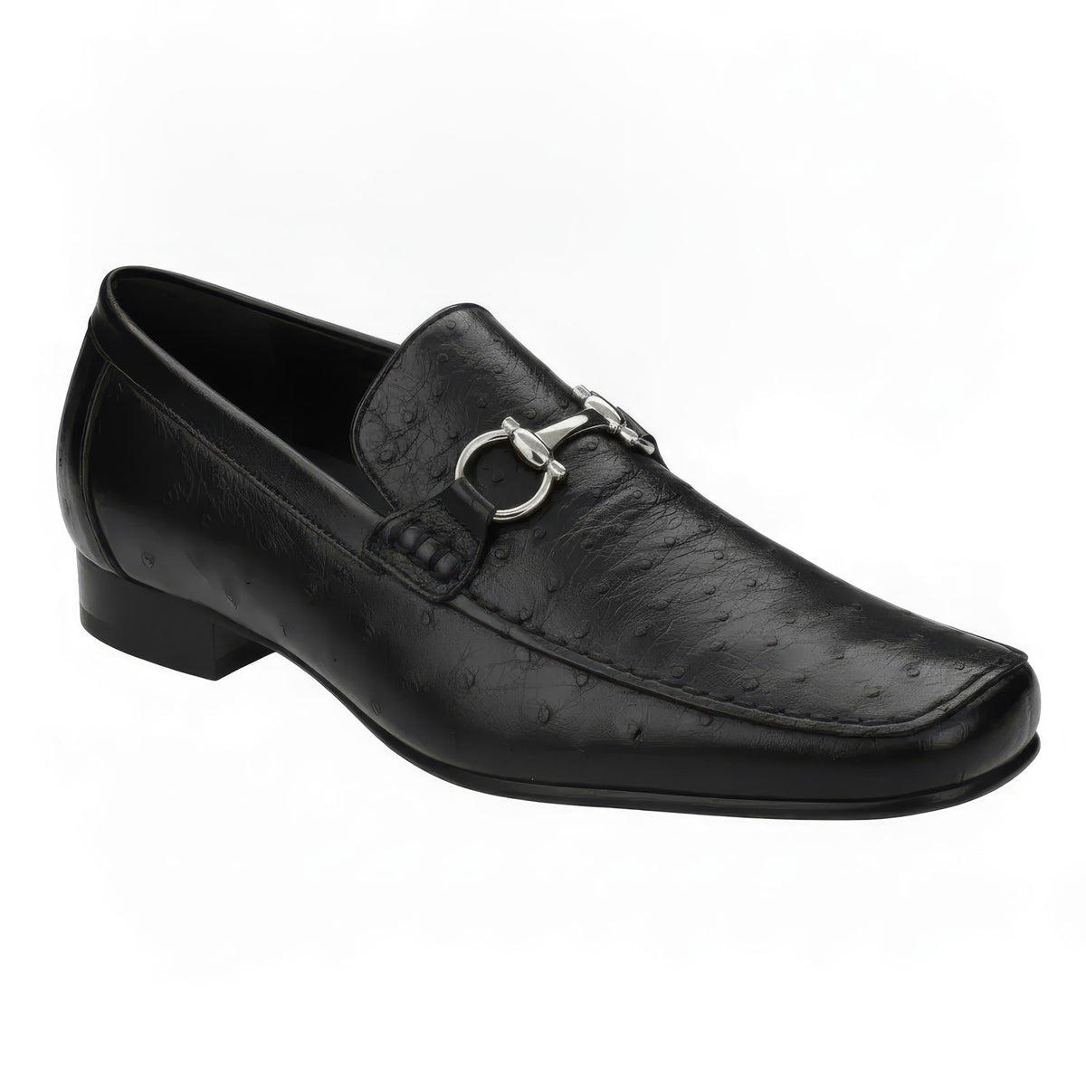 Angled view of black ostrich quill bit loafer by Belvedere