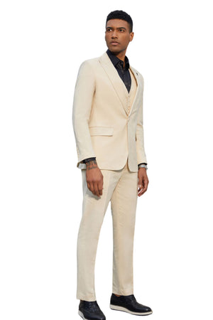 Men's 3 Piece Solid Textured Hybrid Fit Suit In Tan