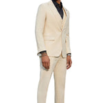 Men's 3 Piece Solid Textured Hybrid Fit Suit In Tan