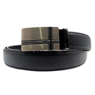 Men's black leather ratchet belt with brushed silver geometric buckle