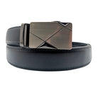 Men's black genuine leather ratchet belt with geometric plaque buckle