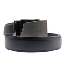 Men's black leather ratchet belt with silver and gunmetal buckle