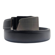 Men's black leather ratchet belt with silver and gunmetal buckle