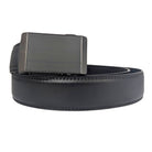 Men's black leather ratchet belt with slate grey plaque buckle