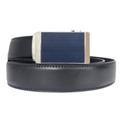 Black Genuine Leather Ratchet Belt with Removable Blue Plate Buckle
