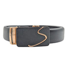 Men's black genuine leather ratchet belt with rose gold-tone swirl buckle