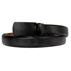 Men's black genuine leather ratchet belt with black textured plaque buckle