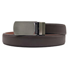 Men's brown genuine leather ratchet belt with grey textured plaque buckle