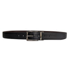 Men's black textured leather belt with single-prong gunmetal buckle shown full length