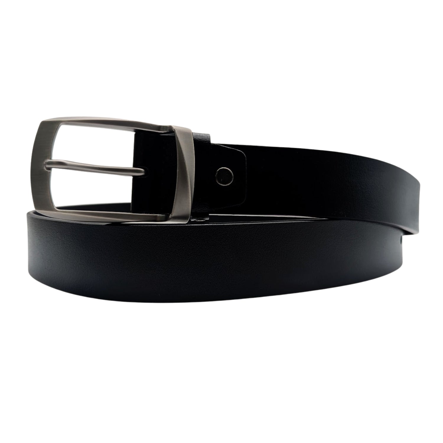 Men's black smooth leather belt with brushed silver buckle