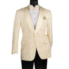 Men's light champagne floral jacquard dinner jacket with black satin shawl lapel and matching bow tie
