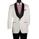 Men's white floral jacquard dinner jacket with black satin shawl lapel and matching bow tie