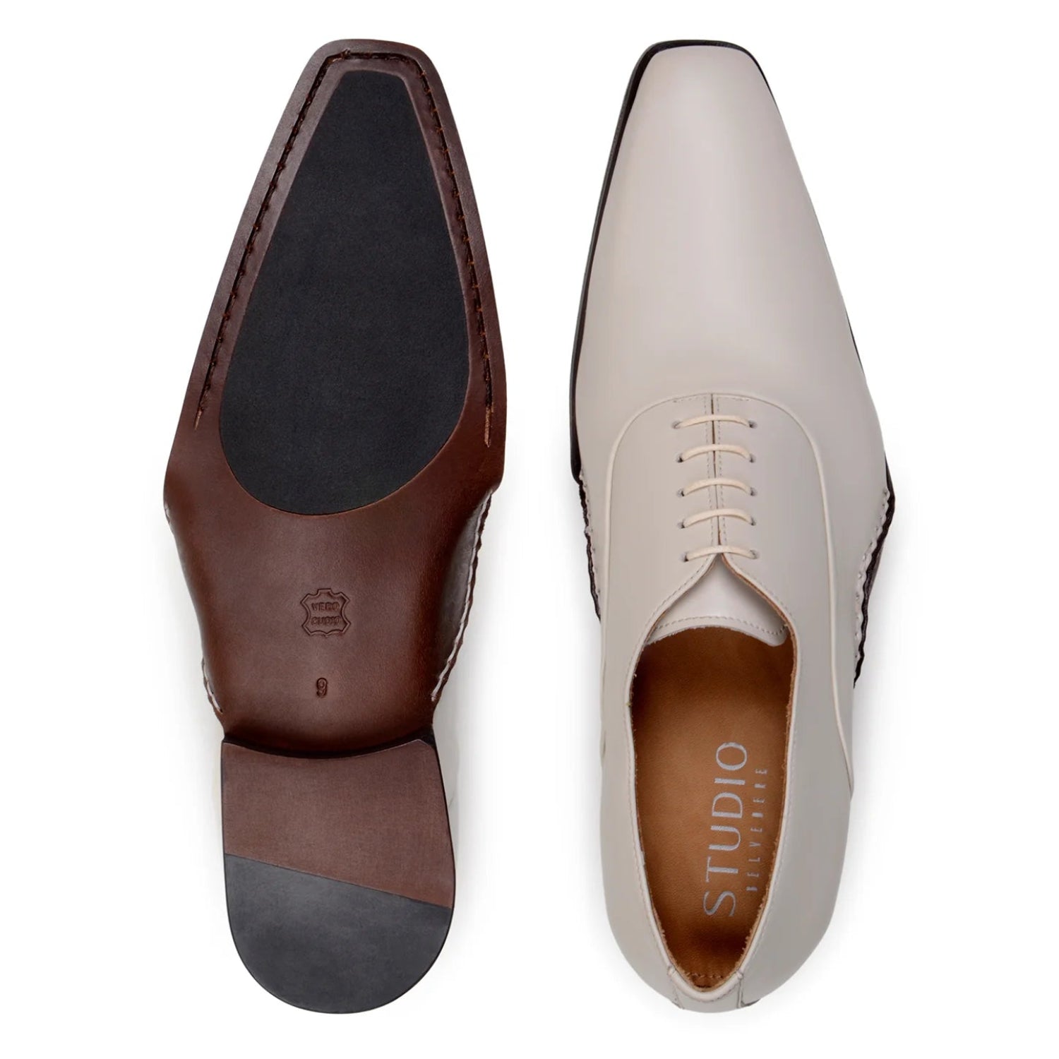Leather outsole of light bone Belvedere Oxford shoe