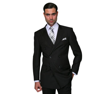 Men’s 3 Piece Classic Fit Suit with Double-Breasted Vest and Pleated Pants - Black