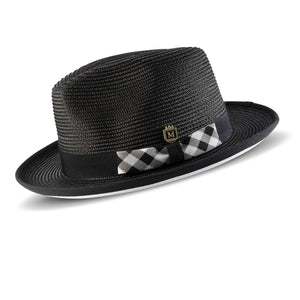 Black White Bottom Fedora Dress Hat with Plaid Grosgrain Ribbon Pinch Crown